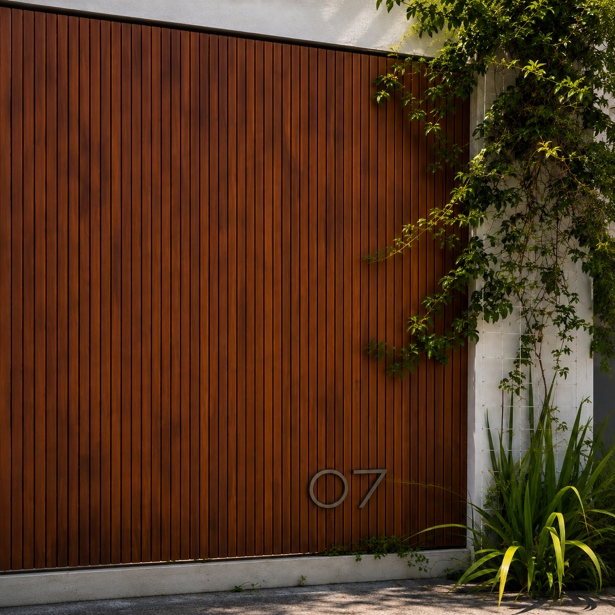 Porta de madeira com número residencial 07 em metal